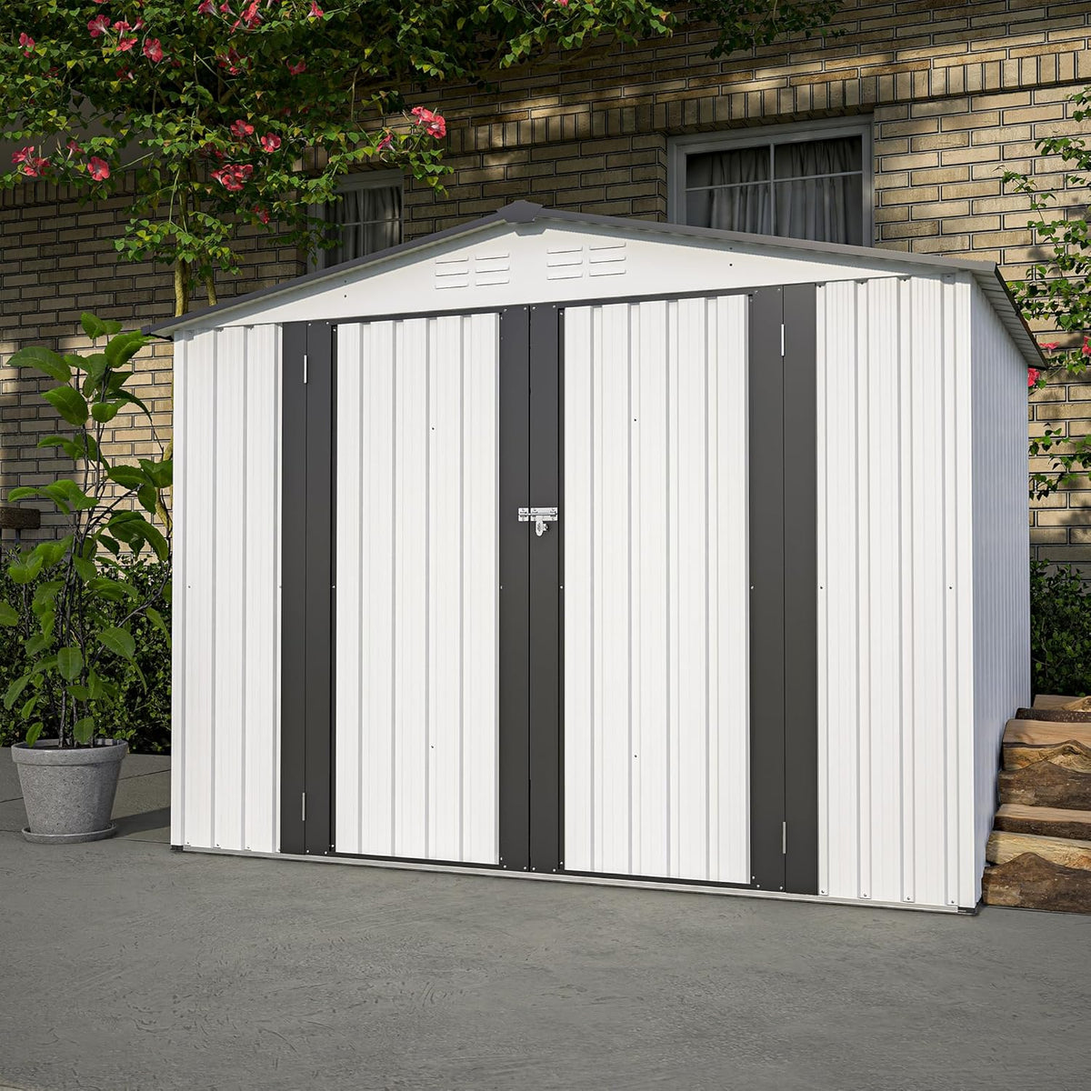 8x6 FT Outdoor Metal Storage Shed with Lockable Door & Floor Frame, Heavy-Duty Garden Tool Shed, Weatherproof Steel Utility Shed for Backyard, Patio, or Lawn Organization