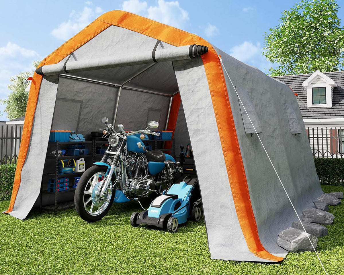 AMERLIFE 10.5x12x8 FT Heavy Duty Portable Shed Storage Shelter, Outdoor Storage Shed with 4 Waterproof Windows & Roll-up Zipper Door, Carport for Motorcycle, Bike, Grey