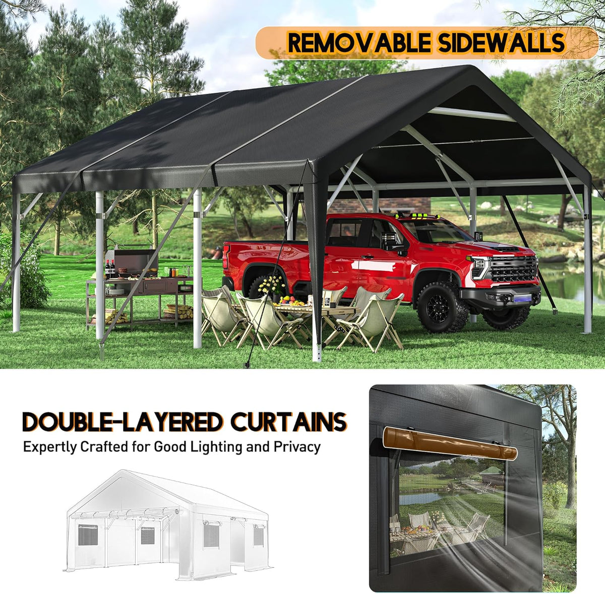 Bepatio 2 Car Carport, 20 x 20 Heavy Duty Metal Carport, All Weather Extra Large Car Port, Outdoor Portable Garage with Side-Opening Doors & Roll-Up Windows
