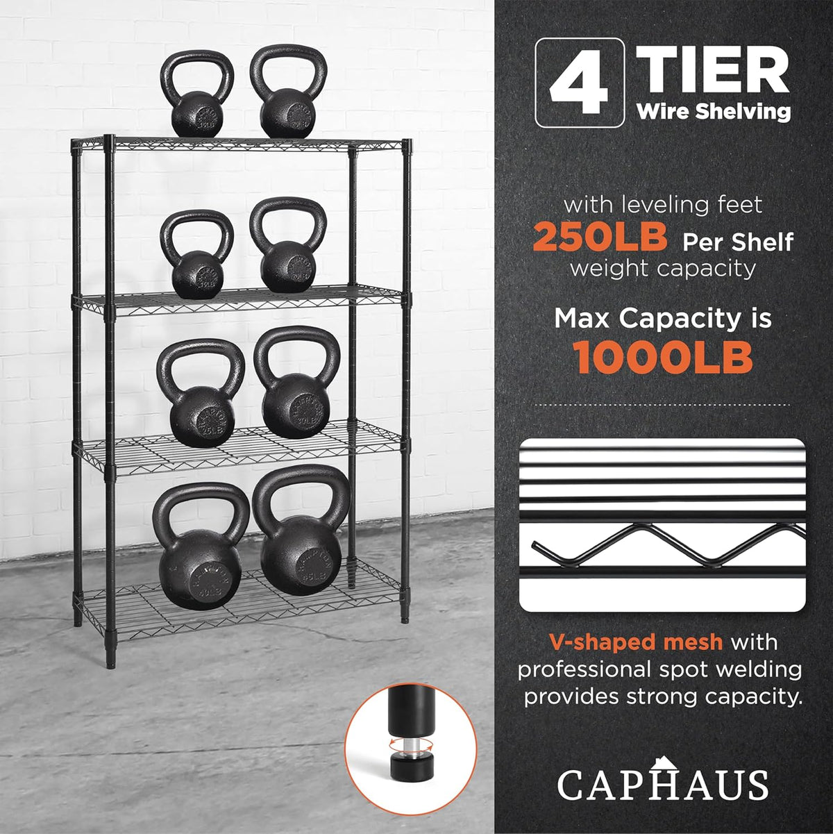 CAPHAUS 4-Tier Adjustable Height Wire Shelving Unit, Wire Rack Shelving, Metal Steel Storage Shelves, Garage Shelving Storage Organizer, Utility Storage Shelf, Without Wheels, Black