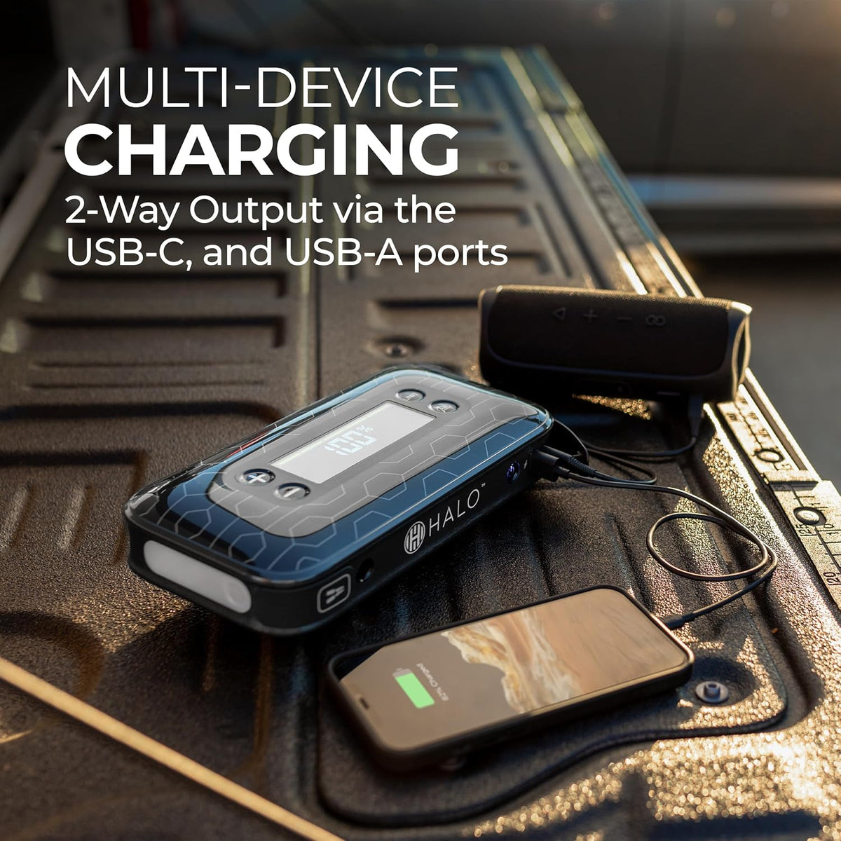 HALO Bolt Air+ 1750 Portable Car Battery Jump Starter | 130 PSI Air Compressor, 59.9Wh USB Power Bank, Large Display, Emergency Floodlight & Charger, Jumps Cars SUVs & Trucks, Inflates Tires — Silver
