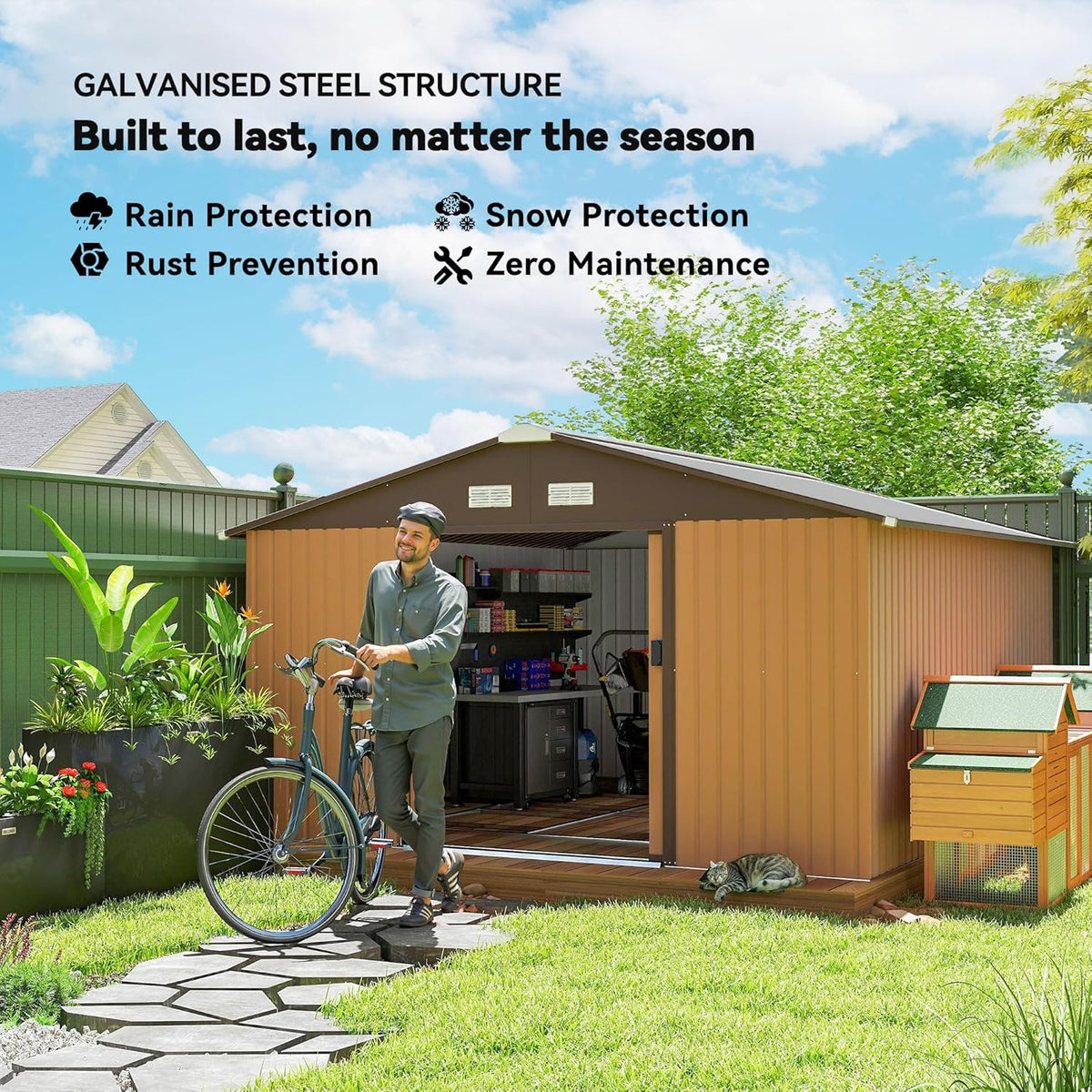 Outsunny 11' x 13' Outdoor Storage Shed, Garden Tool Metal Shed with Foundation Kit, Double Lockable Door, Air Vents and Sloping Roof, for Backyard, Patio, Lawn, Yellow