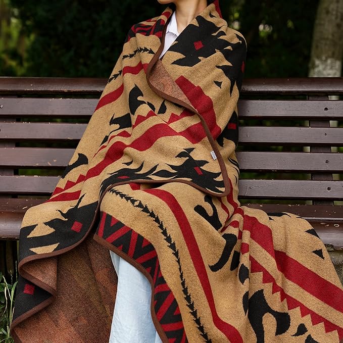 PuTian Merino Wool Blanket - Warm, Thick, Washable, 87" x 63" Large Throw for Outdoors, Camping,Couch, Bed, Travel - Super Soft Wool Blanket (Striped Fire Light Tan)
