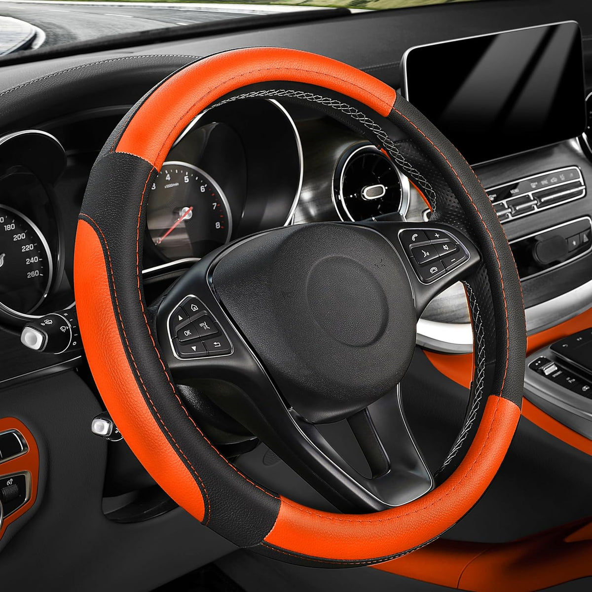 SEG Direct Steering Wheel Cover for Car, Standard Size 14.5-15 inch, Auto Interior Accessories, Black and Orange