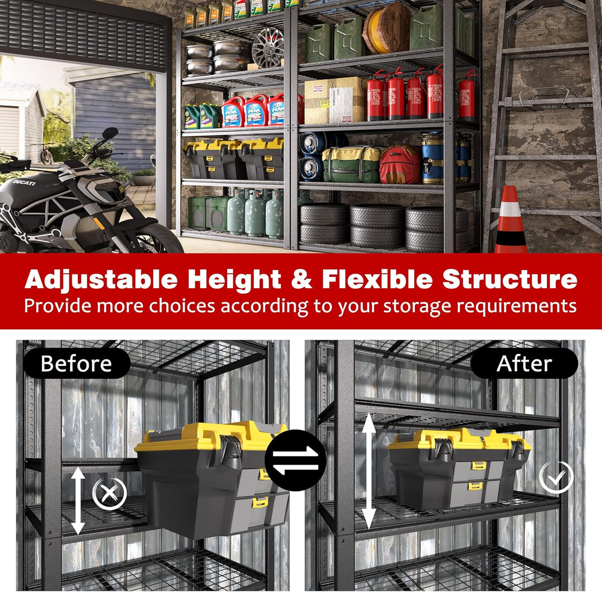 MUPATER 48.43" W x 23.98" D x 72.05" H Metal Storage Shelves, 5 Tier Shelves and Adjustable Shelves, Garage Shelving Unit, Standing Utility Shelf Racks for Garage Warehouse Kitchen