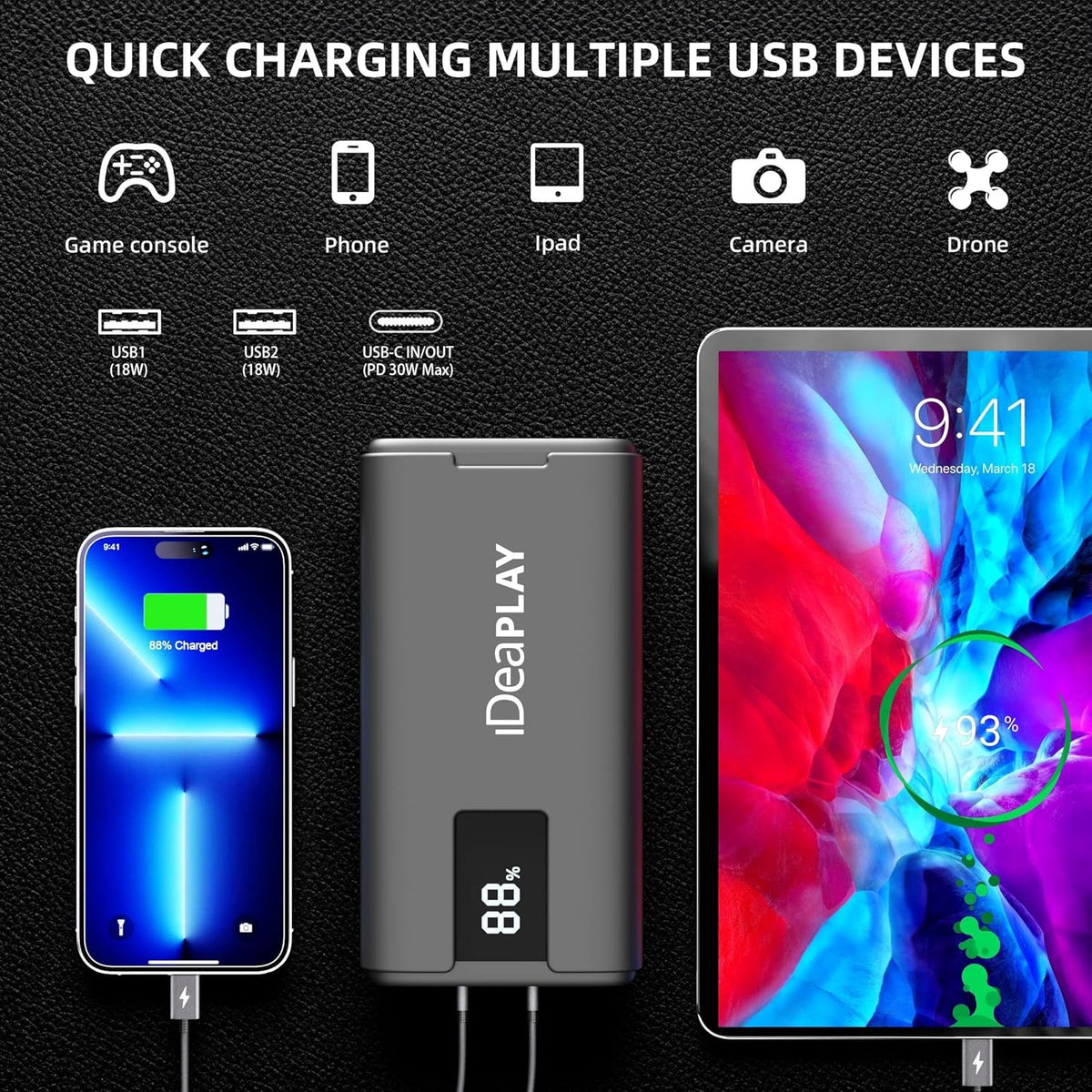 IDEAPLAY J10 Jump Starter, 2000A 12V Car Battery Jump Starter Portable for Up to 8.0L Gas and 7.0L Diesel Engine, Jump Box with Jumper Cables, Type C Fast Charging Battery Jumper with LED Flashlight