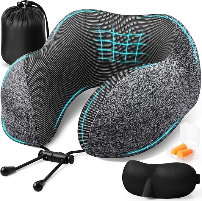 Travel Pillow, Travel Pillows for Sleeping Airplane, Removable Cover Neck Pillow with Adjustable Clasp, Memory Foam Neck Pillow Set with Eye Mask, Earplugs and Storage Bag (Dark Grey)