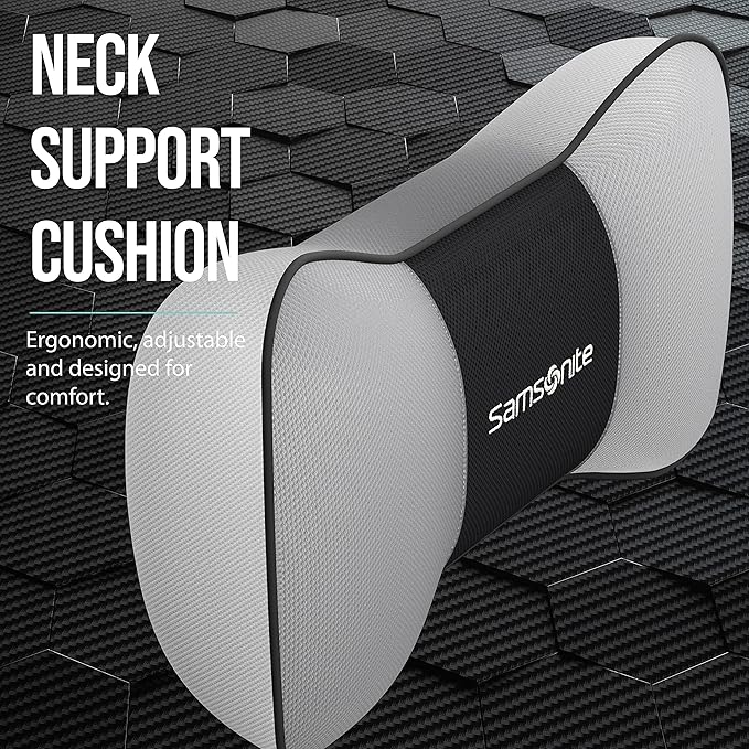 Samsonite Neck Pillow for Car – Ergonomic Memory Foam Headrest Cushion – Car Seat Support for Driving Comfort – Compact Neck Rest – Travel Pillow for Long Road Trip, Grey